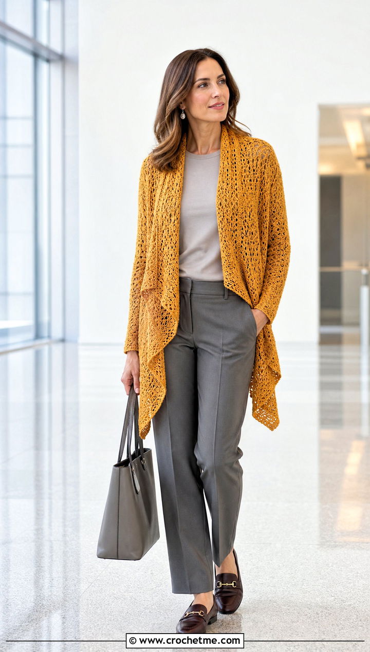 Waterfall Crochet Cardigan With Monochrome Basics - 25 unique crochet cardigan outfit ideas