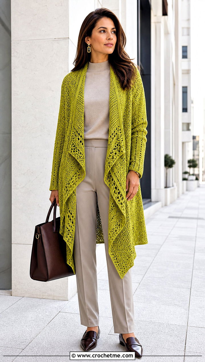 Waterfall Crochet Cardigan With Monochrome Basics - 20 Crochet Fancy Cardigan outfit ideas