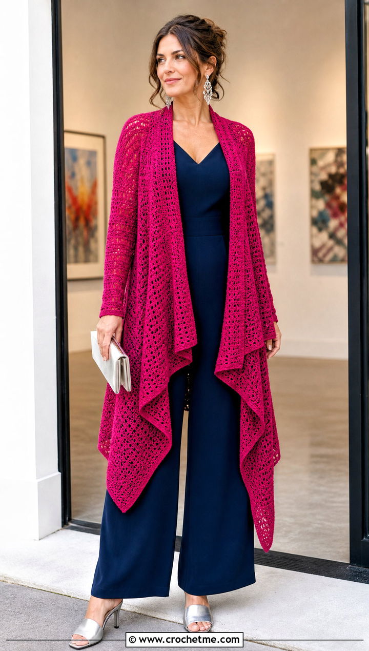 Waterfall Crochet Cardigan With Monochrome Jumpsuit - 20 bohemian crochet cardigan outfit ideas