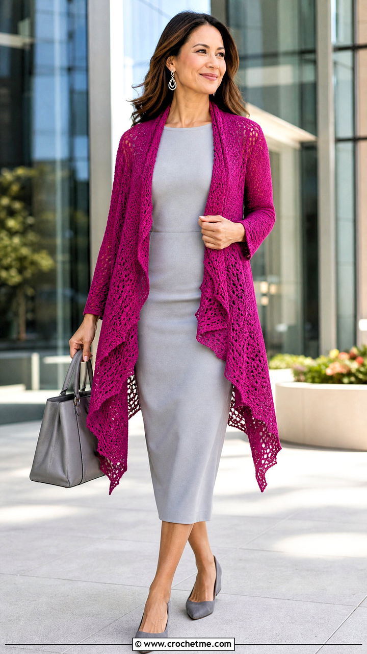 Waterfall Crochet Cardigan With Monochrome Midi Dress - 35 simple crochet cardigan outfit ideas