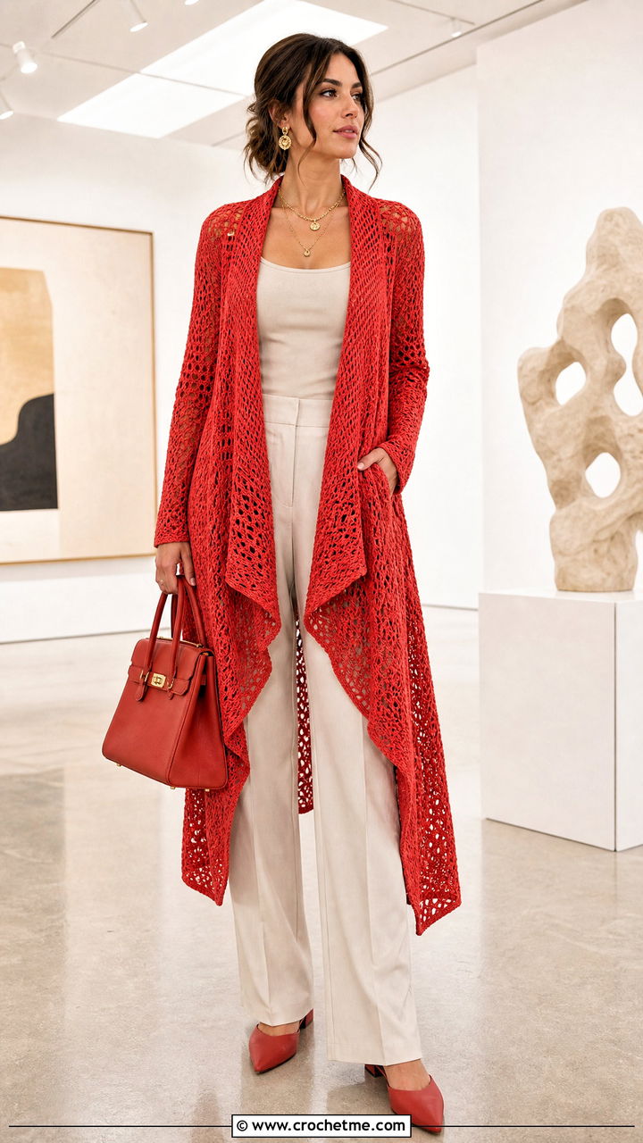 Waterfall Crochet Cardigan With Monochrome Outfit - 35 crochet cardigan for women outfit ideas