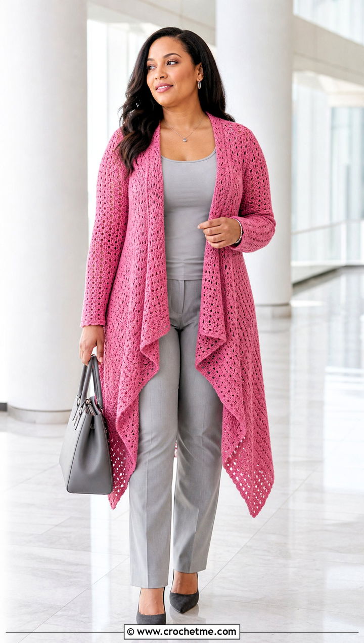 Waterfall Crochet Cardigan With Monochrome Outfit - 30 crochet plus size cardigan outfit ideas