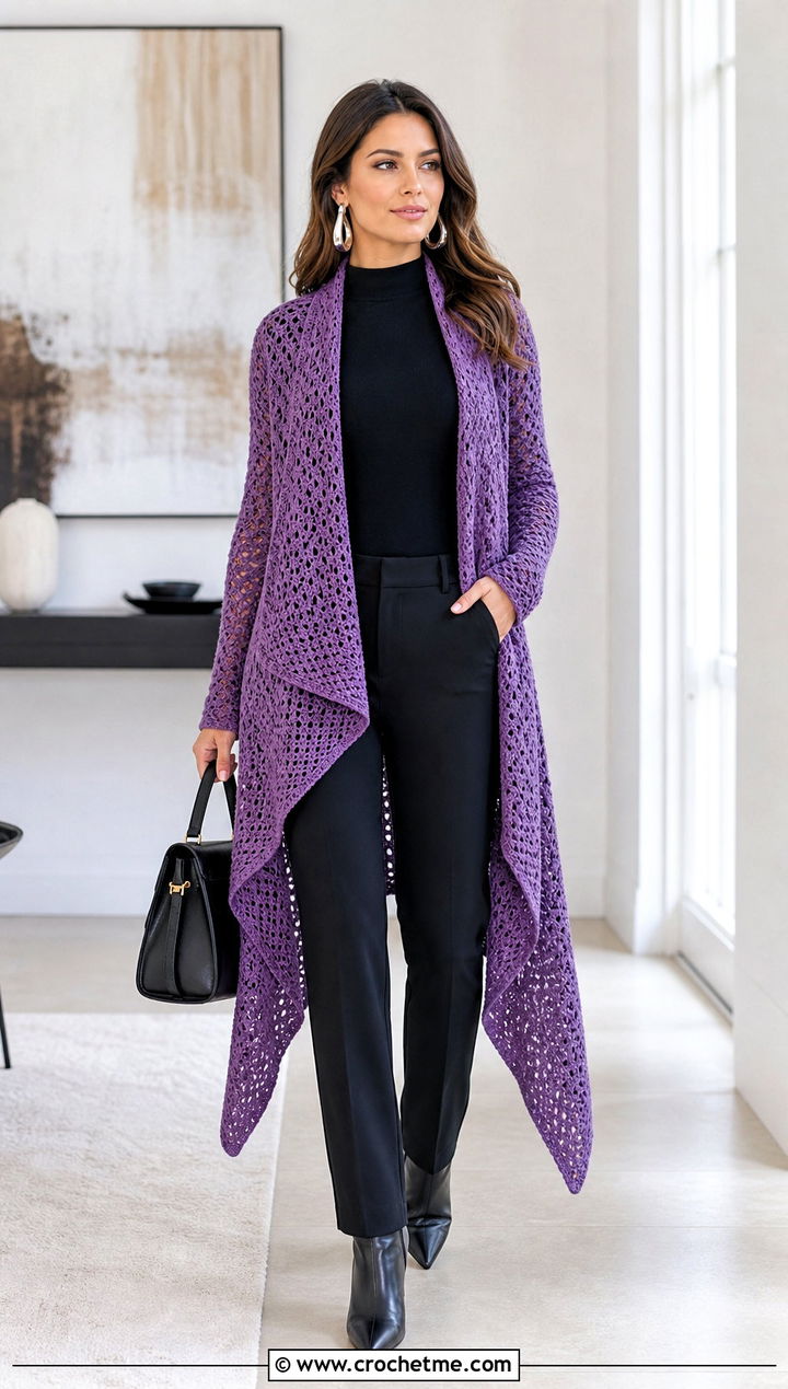 Waterfall Crochet Cardigan With Monochrome Separates - 25 witchy crochet cardigan outfit ideas