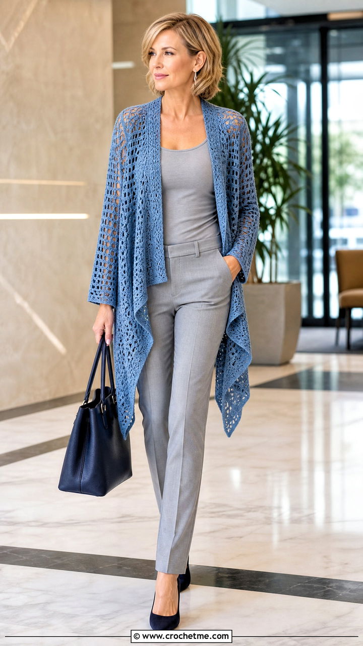 Waterfall Crochet Cardigan With Monochrome Trousers - 35 easy crochet cardigan women outfit ideas