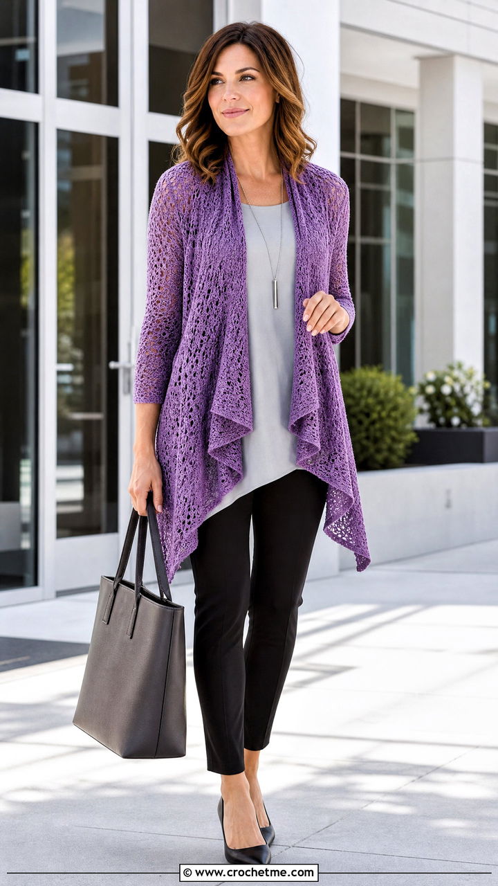 Waterfall Crochet Cardigan With Ponte Pants - 35 cute crochet cardigan outfit ideas