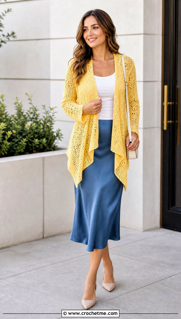 Waterfall Crochet Cardigan With Satin Midi Skirt - 30 Crochet Lightweight Cardigan outfit ideas