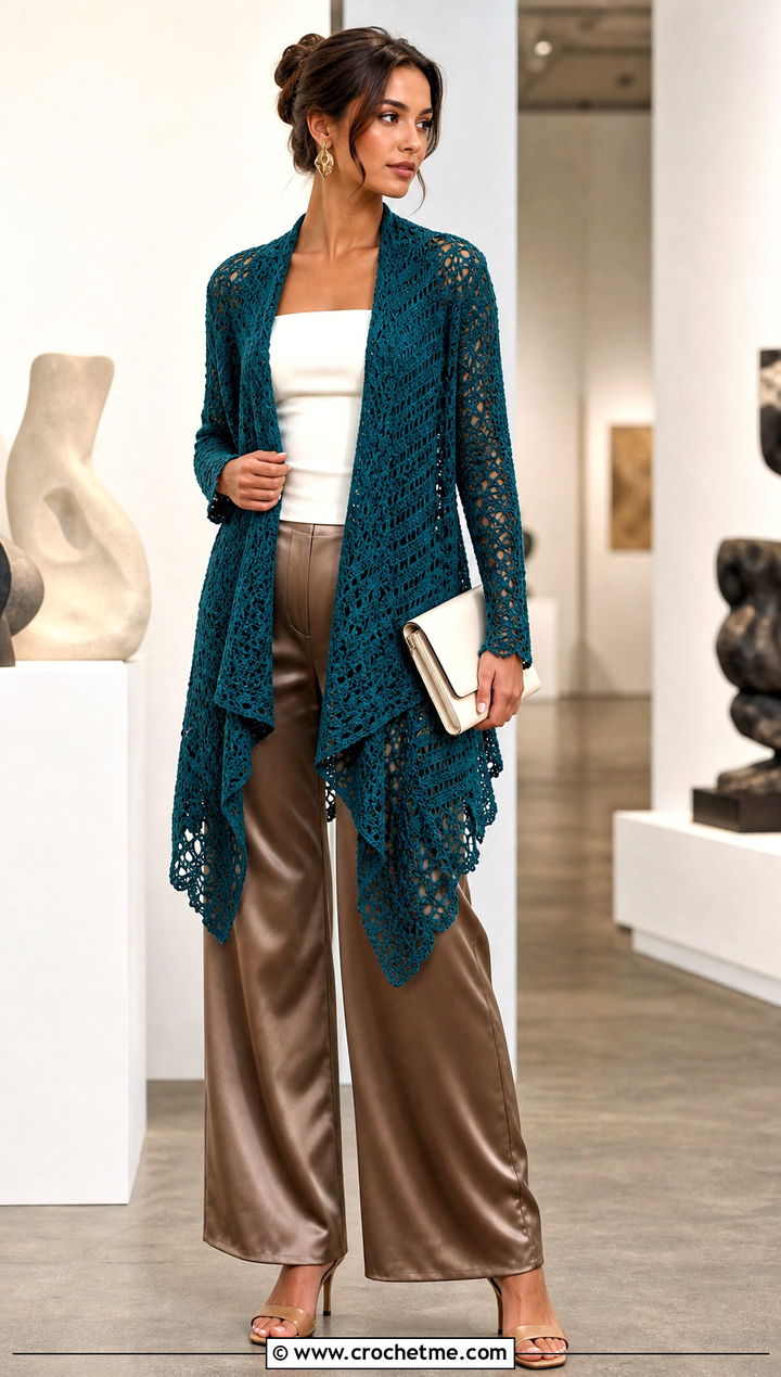 Waterfall Crochet Cardigan With Satin Trousers - 25 lightweight crochet cardigan outfit ideas