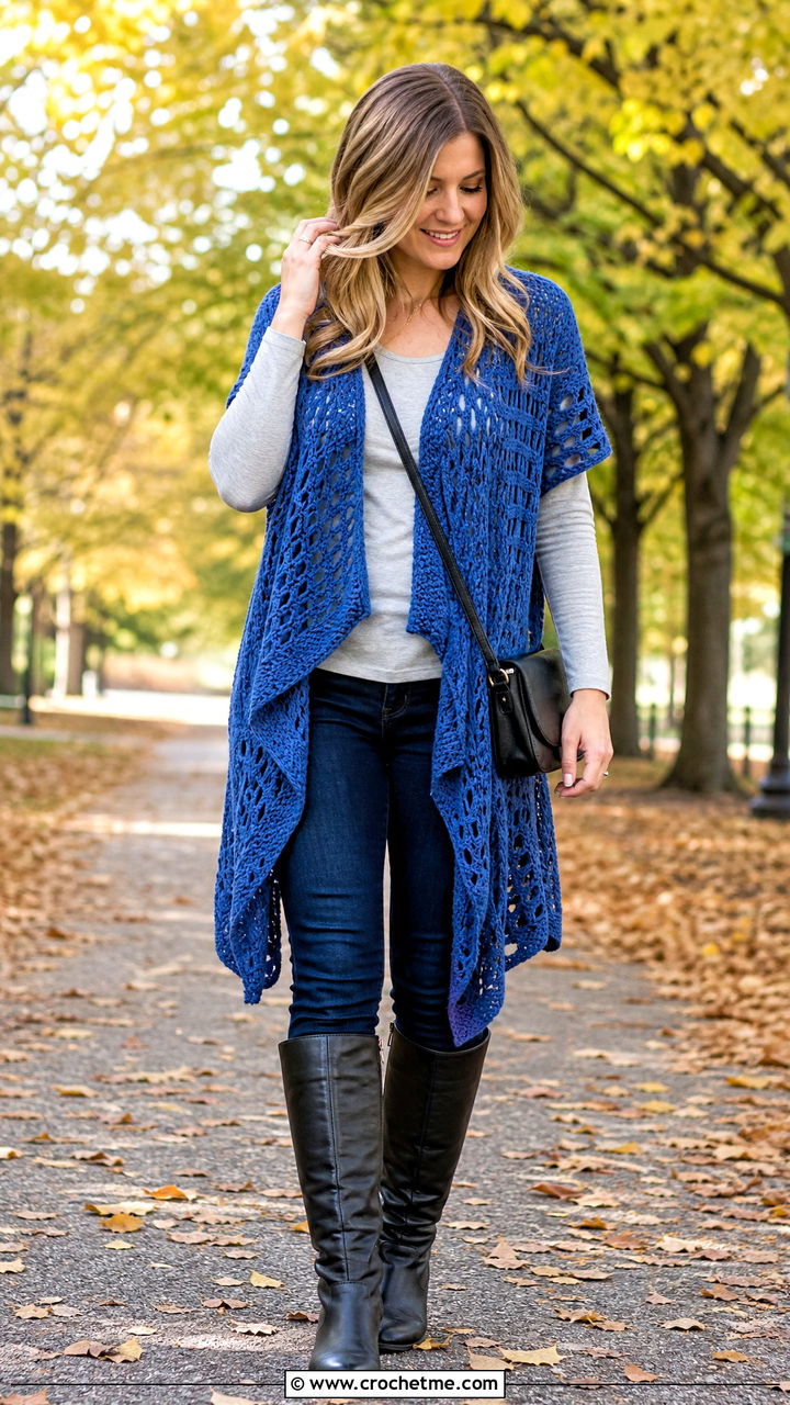 Waterfall Crochet Cardigan With Skinny Jeans - 35 easy crochet cardigan outfit ideas