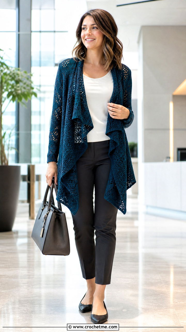 Waterfall Crochet Cardigan With Slim Pants - 35 crochet cardigan women outfit ideas