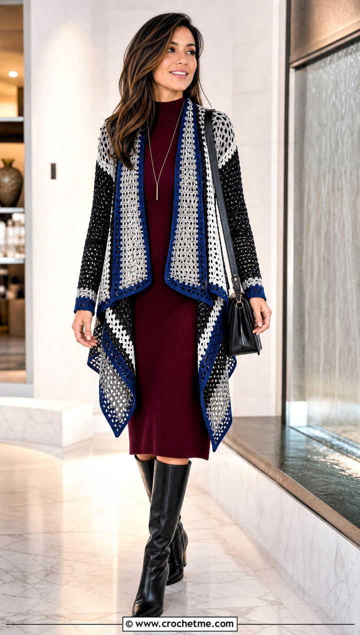 Waterfall Crochet Cardigan With Sweater Dress - 25 Black White Crochet Cardigan outfit ideas