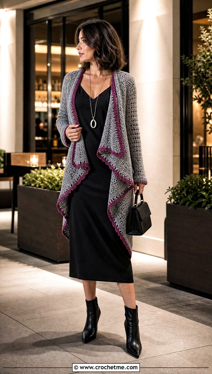 Waterfall Crochet Cardigan With a Slip Dress - 15 neutral tone crochet cardigan outfit ideas