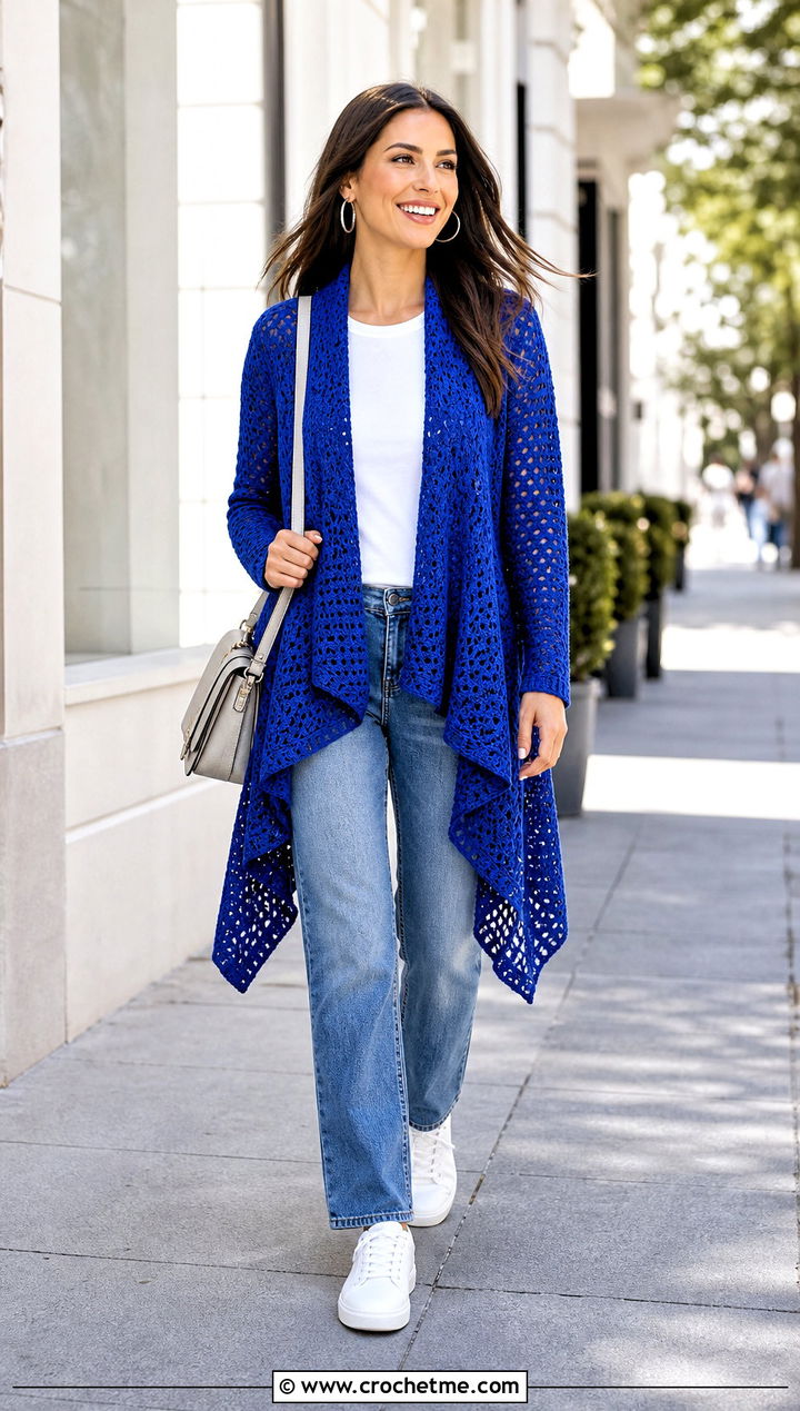 Waterfall Crochet Drape Cardigan With Straight Leg Jeans - 15 Crochet Drape Cardigan outfit ideas