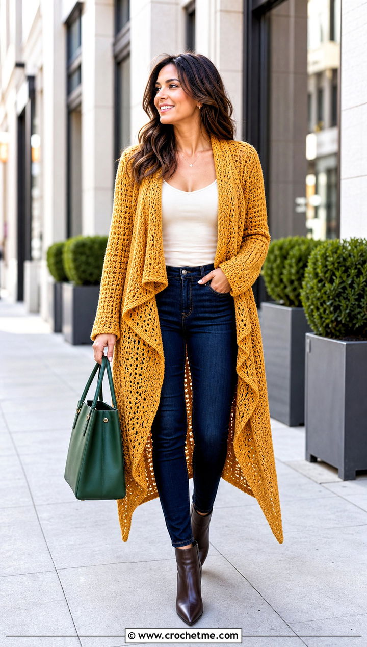 Waterfall Crochet Duster With Skinny Jeans - 35 crochet long jacket outfit ideas