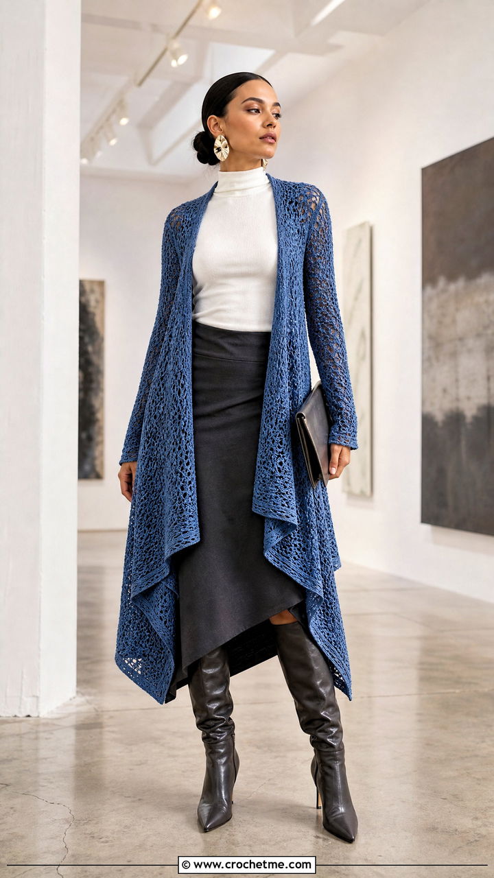 Waterfall Crochet Fall Cardigan With Asymmetrical Skirt - 35 crochet fall cardigan outfit ideas