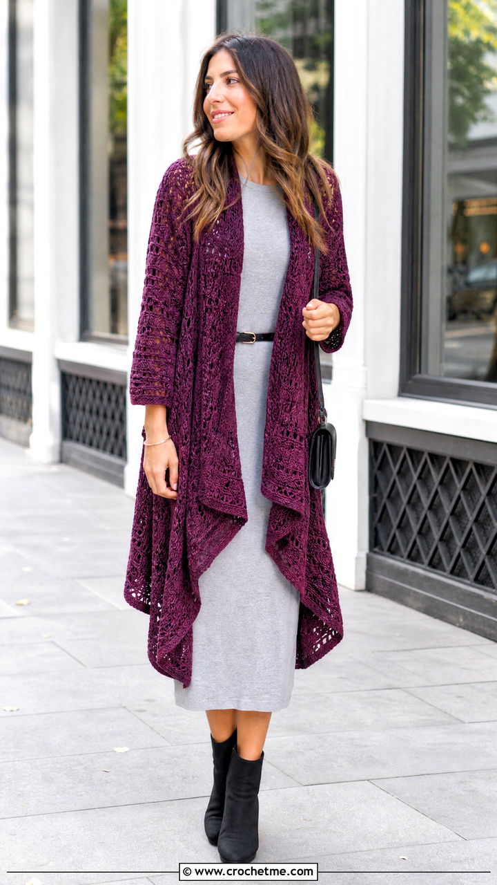 Waterfall Crochet Kimono With T Shirt Dress - 35 crochet kimono outfit ideas