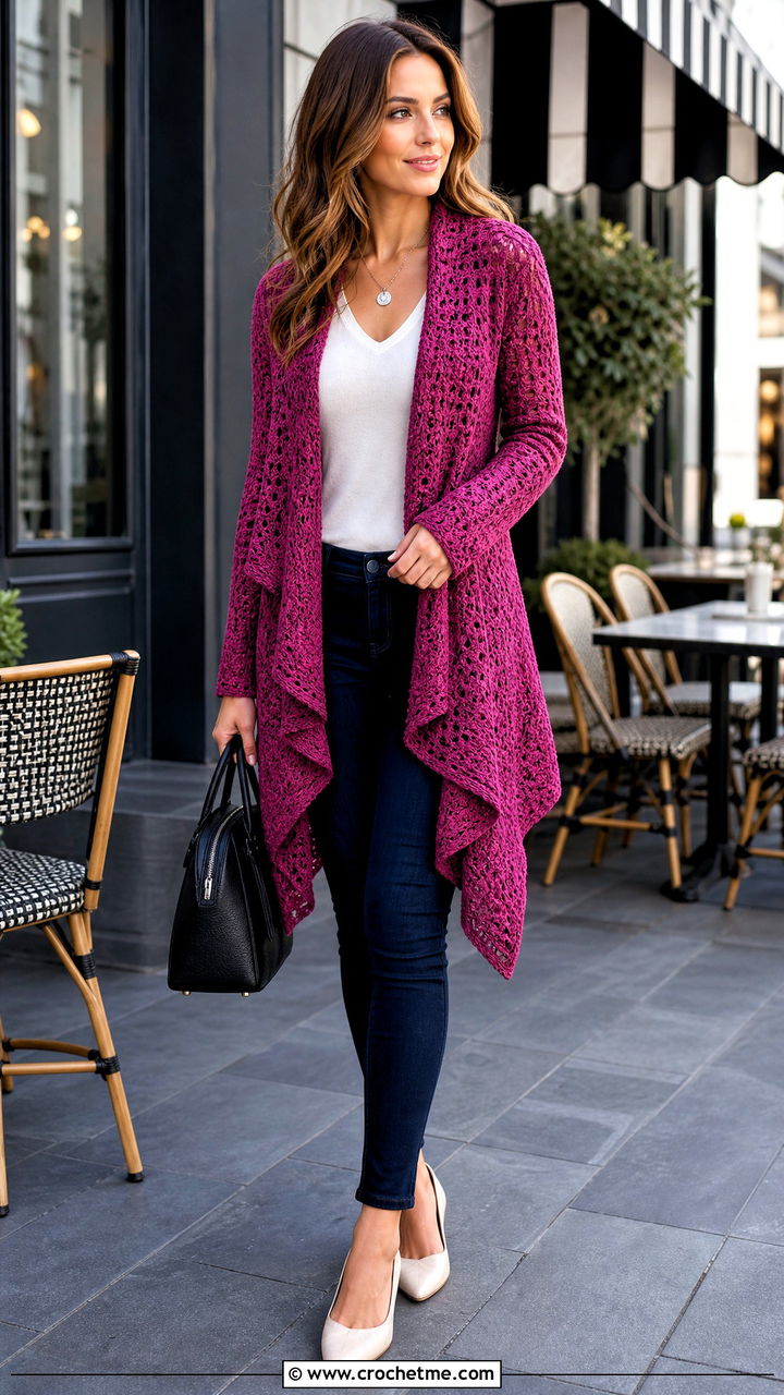 Waterfall Crochet Long Cardigan With Slim Jeans - 35 crochet long cardigan outfit ideas