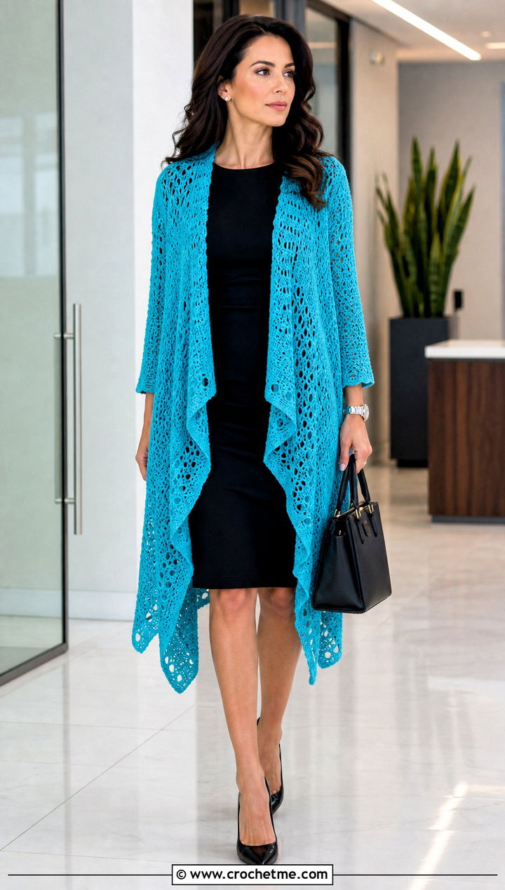Waterfall Crochet Long Cardigan With a Pencil Dress - 20 Easy Crochet Long Cardigan outfit ideas