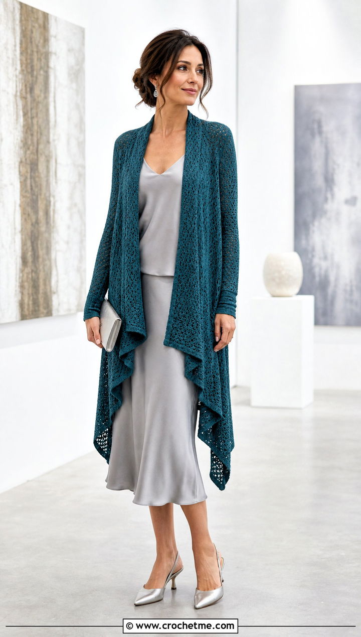 Waterfall Crochet Long Sweater With Satin Midi Skirt - 35 crochet long sweater outfit ideas