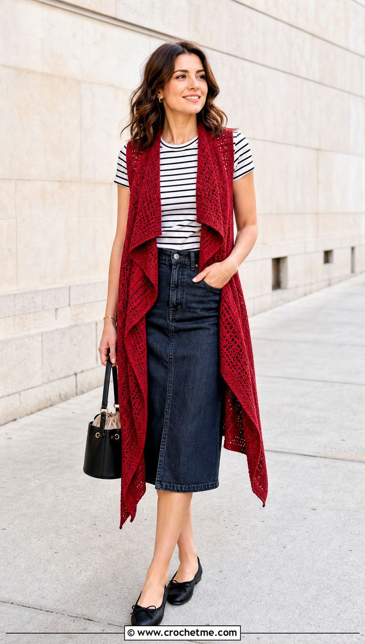 Waterfall Crochet Long Vest With A Denim Skirt - 25 Easy Crochet Long Vest outfit ideas