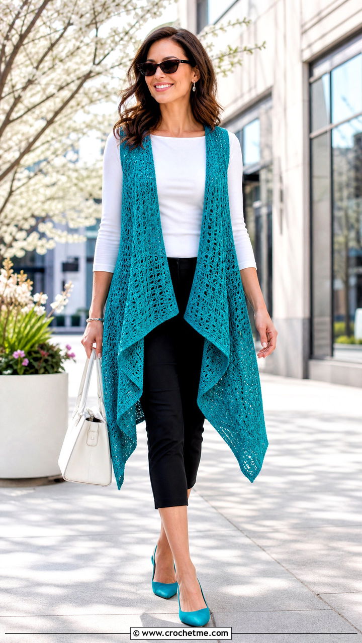 Waterfall Crochet Long Vest With Capri Pants - 35 Crochet Long Vest outfit ideas