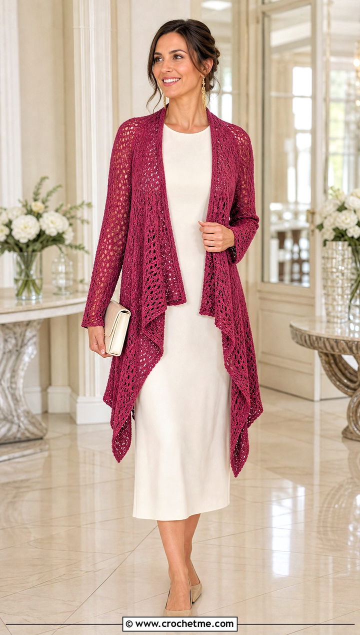 Waterfall Crochet Mesh Cardigan With Column Dress - 35 crochet mesh cardigan outfit ideas