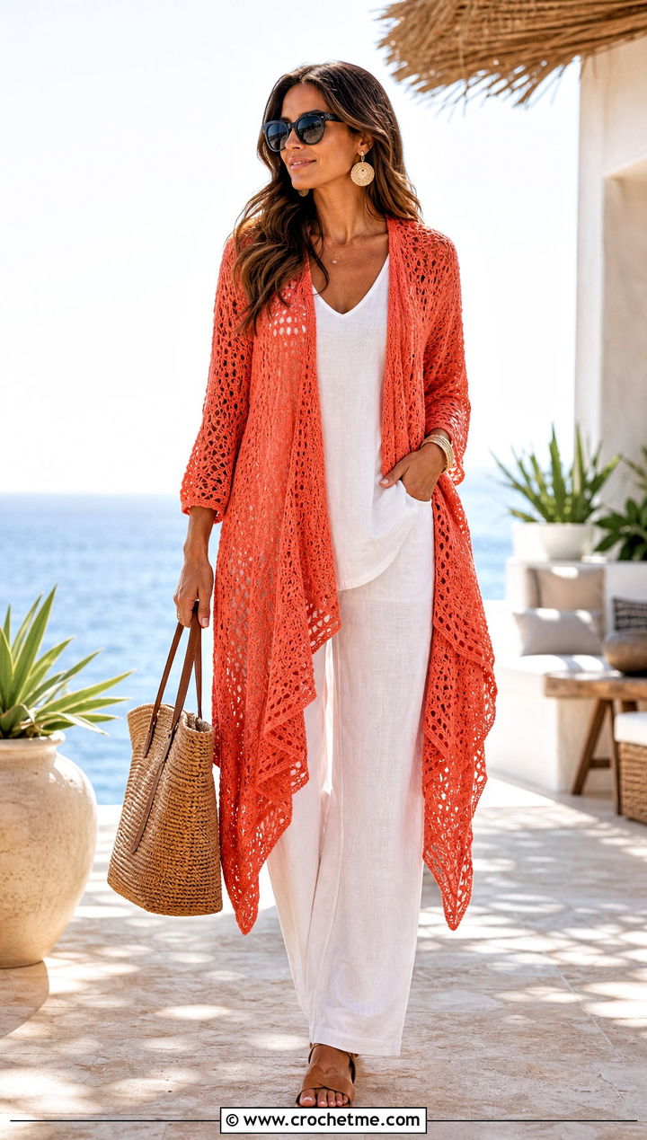 Waterfall Crochet One Piece Cardigan With Linen Outfit - 30 crochet one piece cardigan outfit ideas