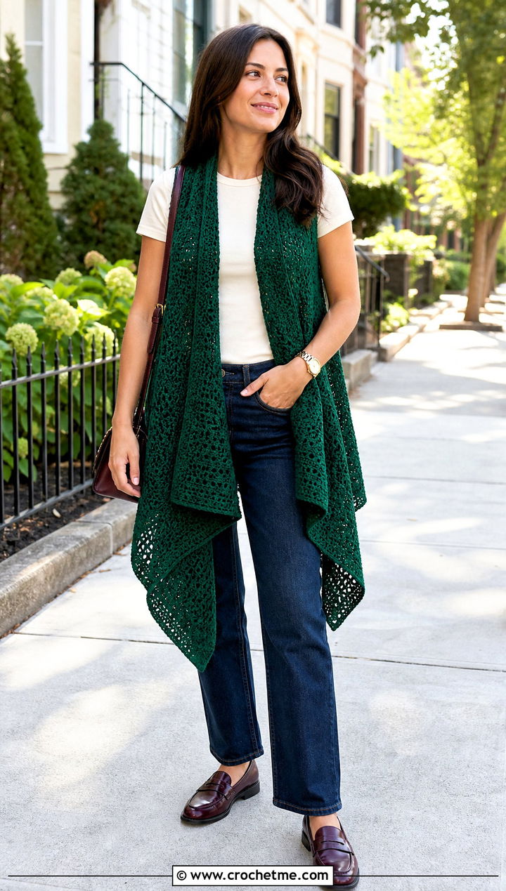 Waterfall Crochet Shawl Vest With Straight Leg Jeans - 25 crochet shawl vest outfit ideas