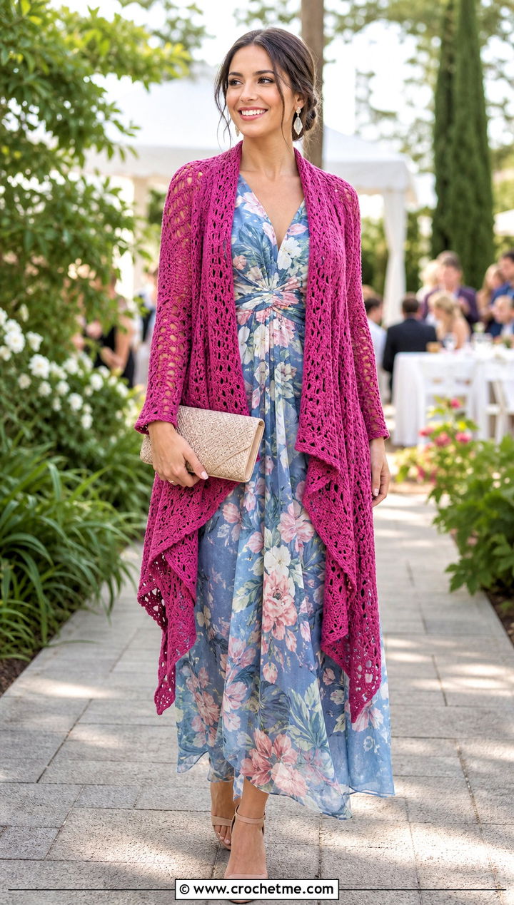 Waterfall Crochet Shawl With Sleeves And Floral Maxi Dress - 35 crochet shawl with sleeves outfit ideas