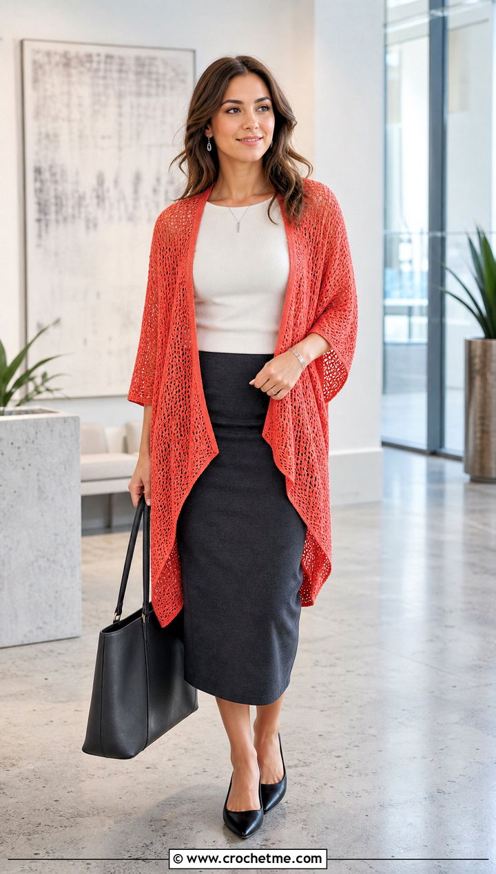 Waterfall Crochet Shrug Wrap With Pencil Skirt - 25 crochet shrug wrap outfit ideas