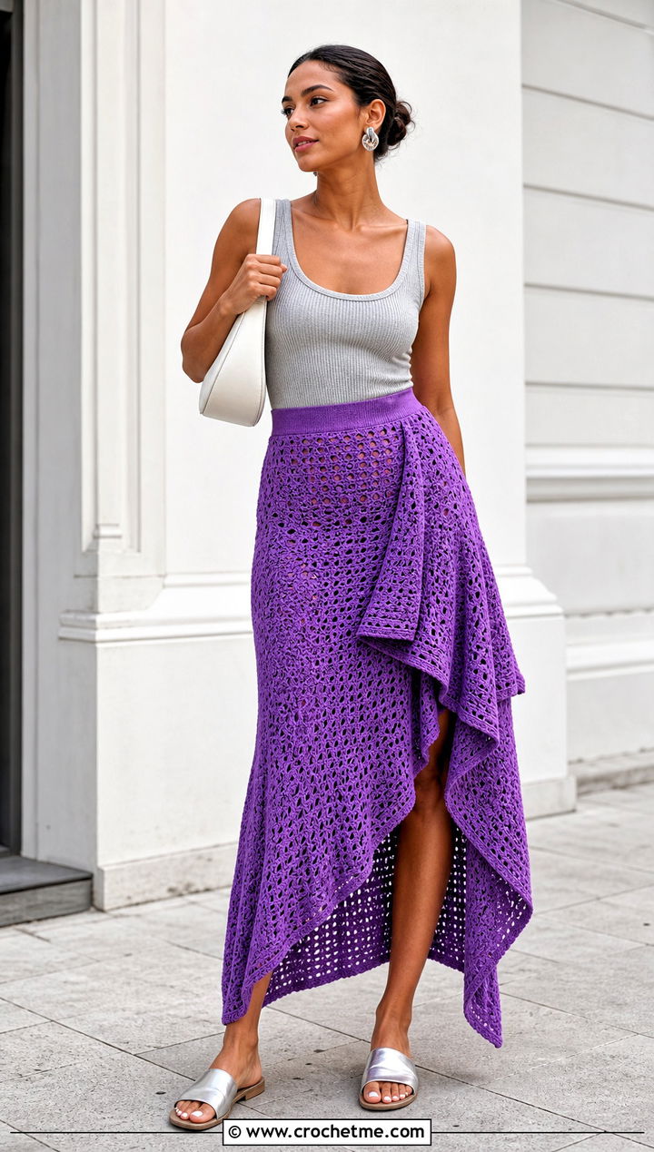 Waterfall Crochet Skirt With Ribbed Tank Top - 30 Crochet Asymmetrical Skirt outfit ideas