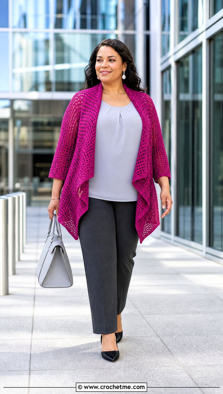 Waterfall Crochet Summer Cardigan With Straight Leg Pants - 30 plus size crochet summer cardigan outfit ideas