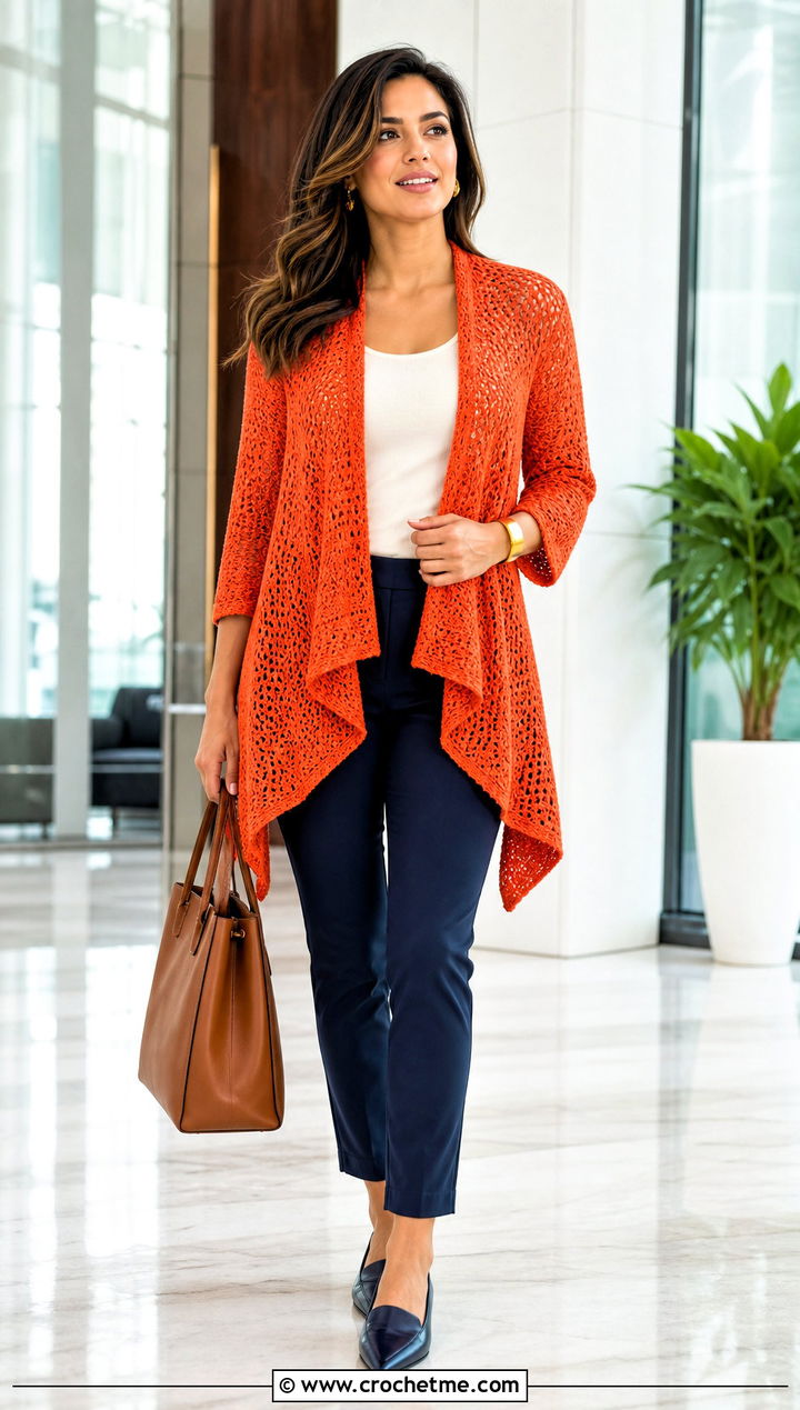 Waterfall Crochet Wrap Cardigan With Ankle Pants - 35 crochet wrap with sleeves outfit ideas