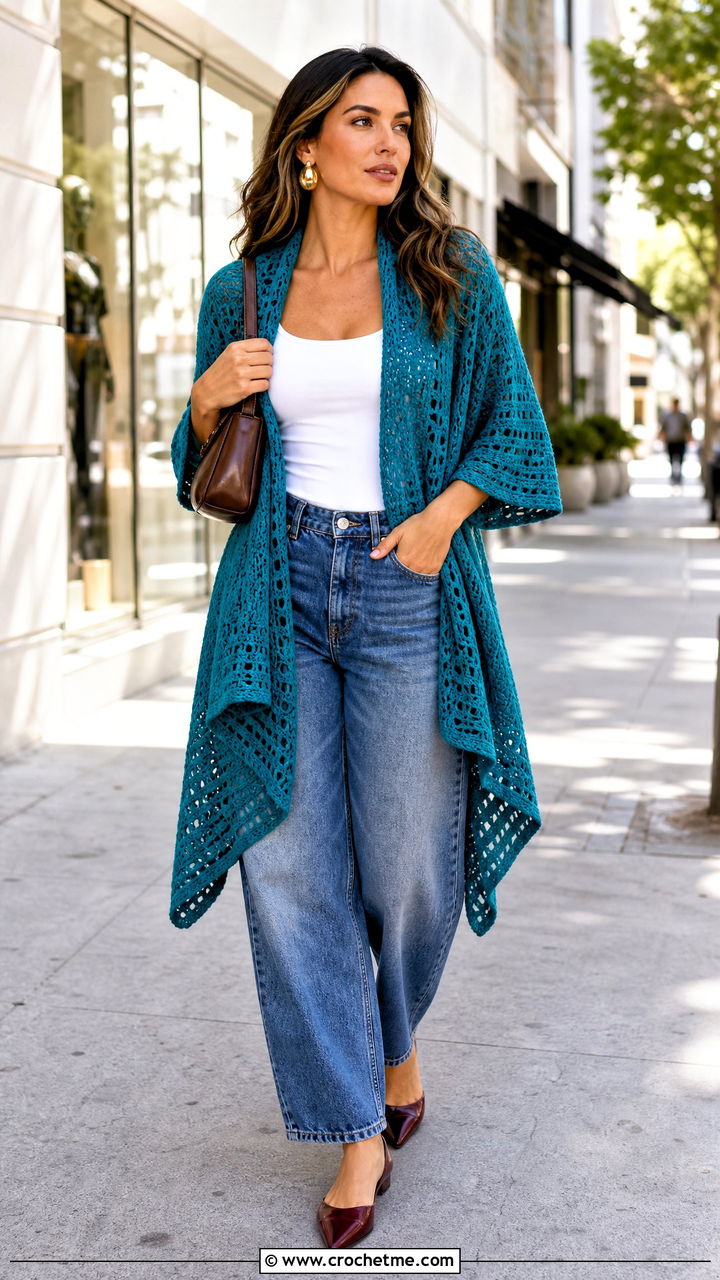 Waterfall Crochet Wrap With Tank And Barrel Jeans - 35 crochet shawls and wraps outfit ideas