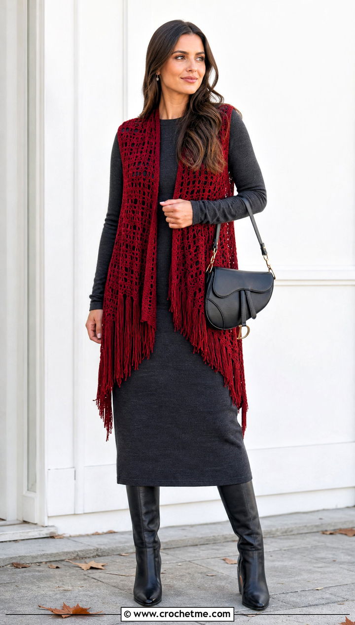 Waterfall Front Fringe Vest With Midi Dress And Boots - 15 long crochet vest with fringe outfit ideas