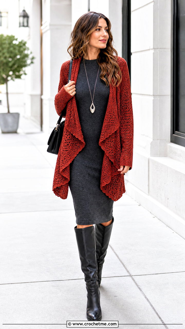 Waterfall Front Hexi Cardi With Knit Column Dress - 35 crochet hexi cardi outfit ideas