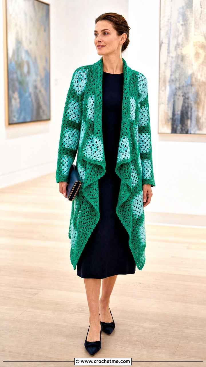 Waterfall Granny Square Crochet Cardigan With Column Dress - 35 granny square crochet cardigan outfit ideas