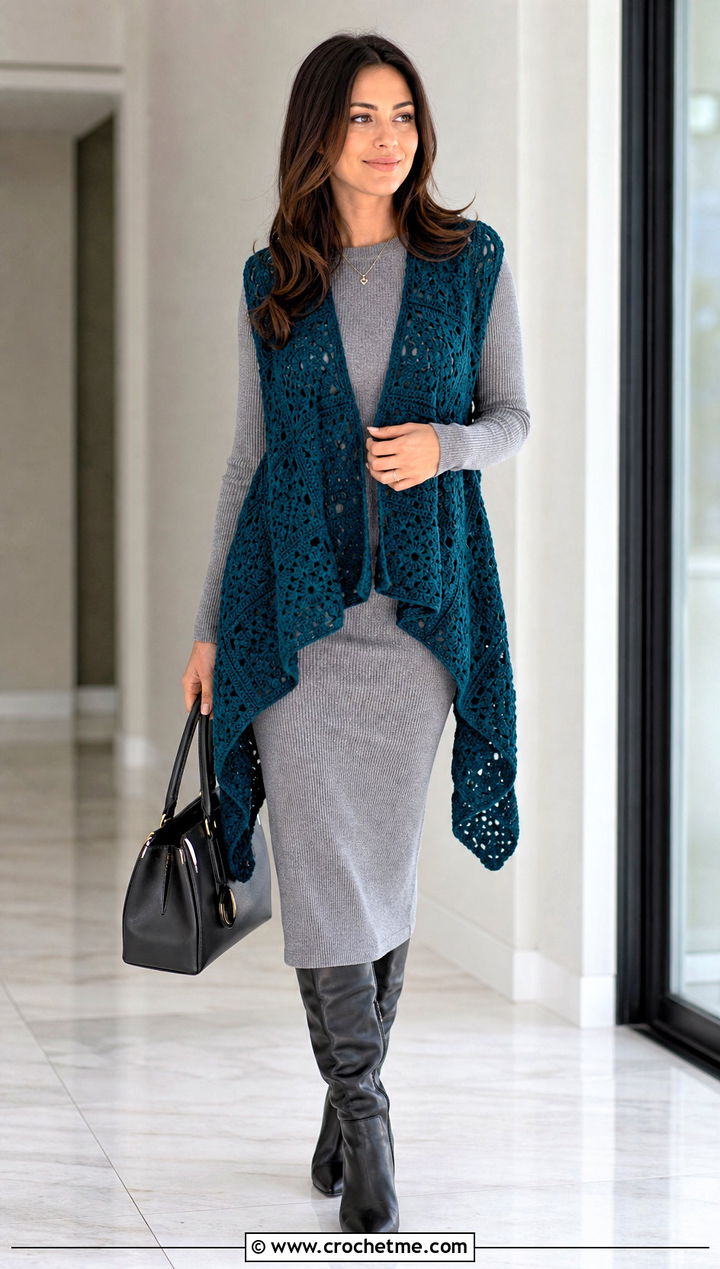 Waterfall Granny Square Sleeveless Cardigan With Knit Dress - 30 granny square sleeveless cardigan outfit ideas