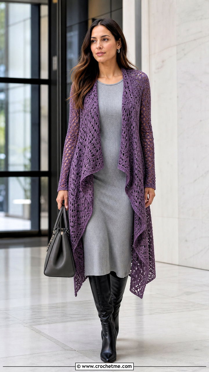 Waterfall Lace Cardigan With Knit Midi Dress - 35 crochet lace cardigan outfit ideas