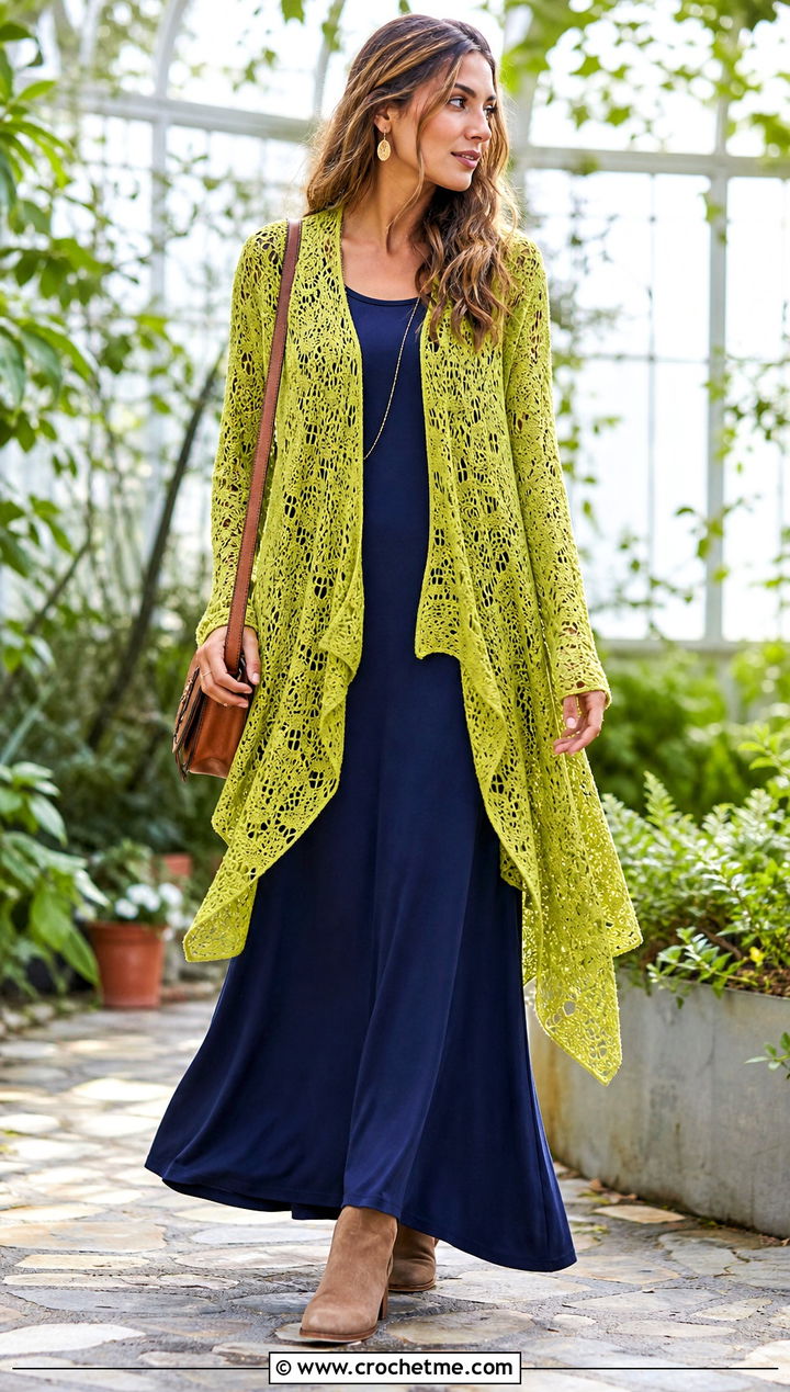 Waterfall Lace Crochet Cardigan With Maxi Dress - 25 Lacy Crochet Cardigan outfit ideas