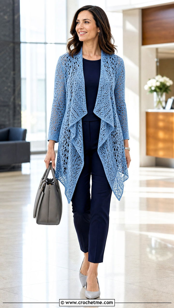 Waterfall Lace Crochet Cardigan With Slim Ankle Pants - 30 crochet lacy cardigan outfit ideas