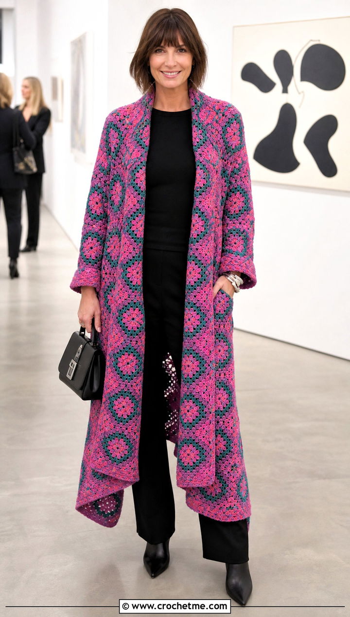 Waterfall Pink Granny Square Cardigan With a Monochrome Outfit - 35 pink granny square cardigan outfit ideas