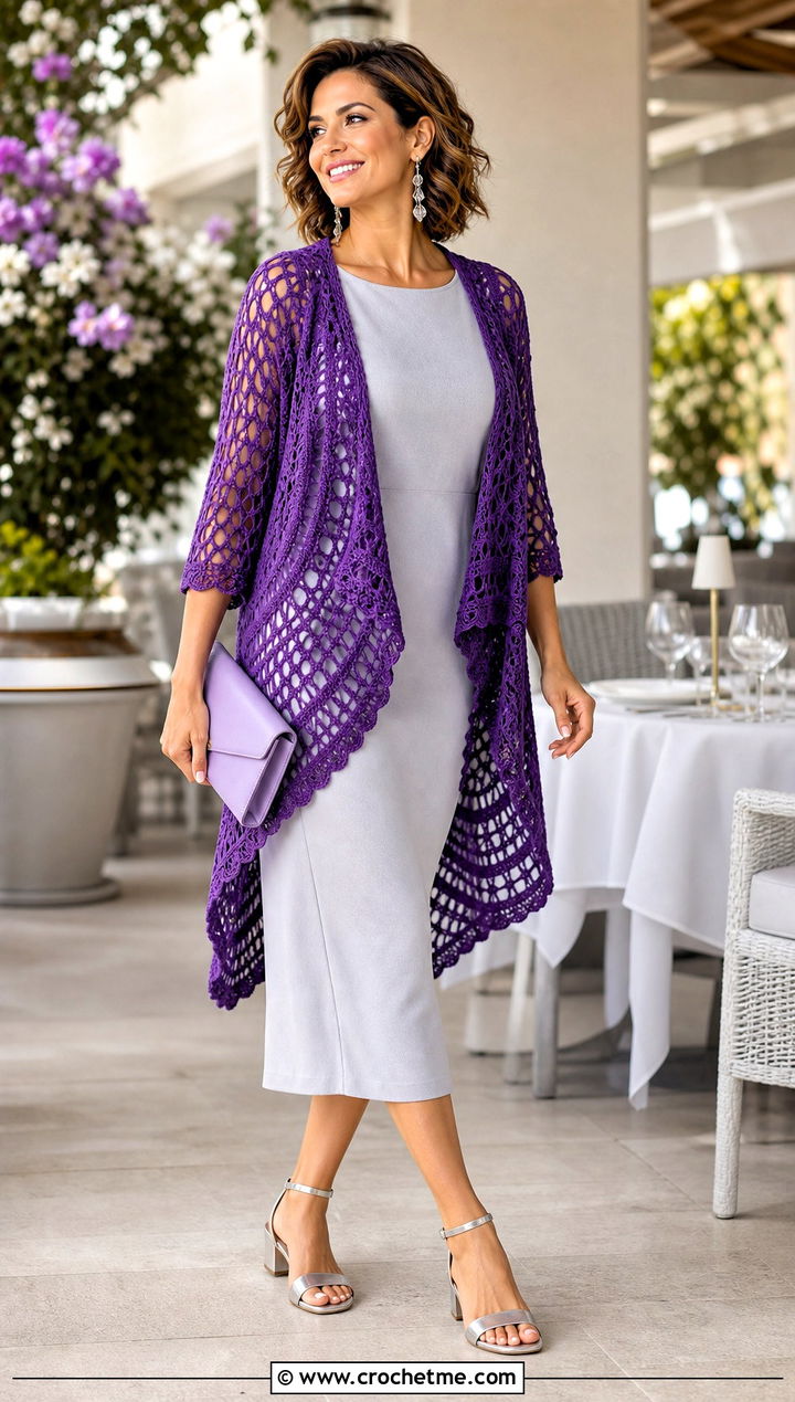 Waterfall Round Crochet Cardigan With Column Dress - 35 round crochet cardigan outfit ideas