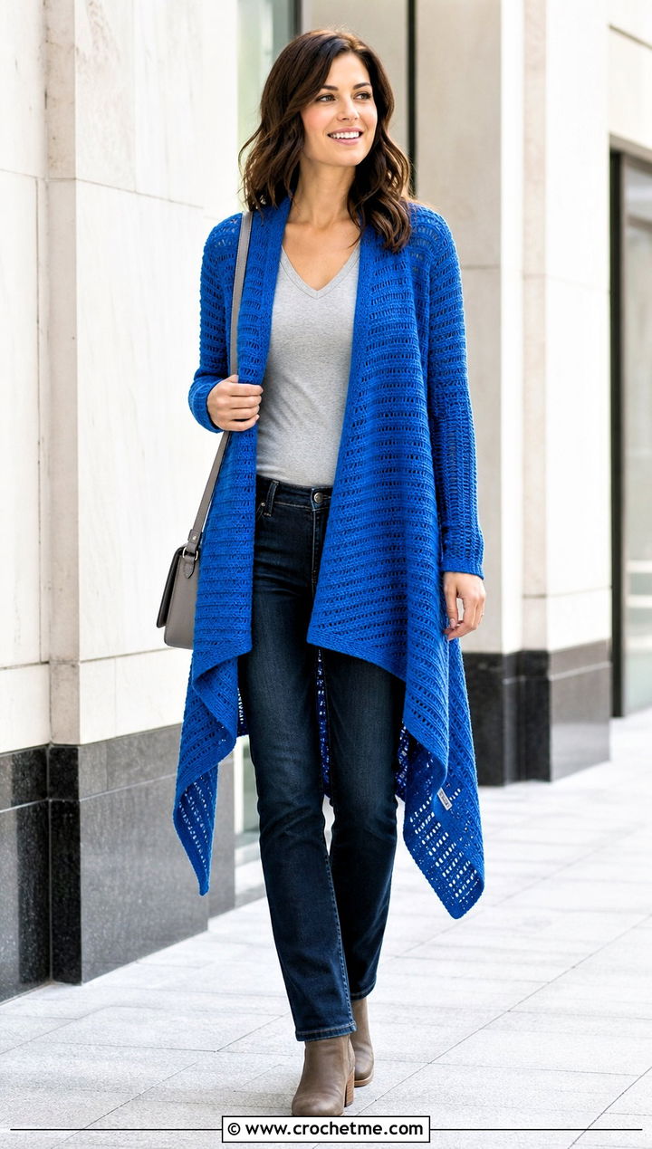 Waterfall Side To Side Crochet Cardigan With Slim Jeans - 25 Side To Side Crochet Cardigan outfit ideas