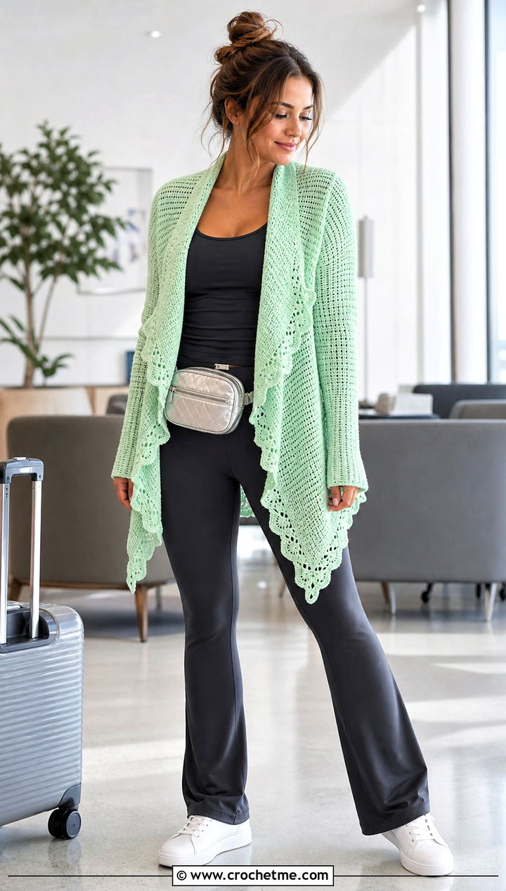 Waterfall Square Cardigan With Athleisure Set - 30 crochet square cardigan outfit ideas