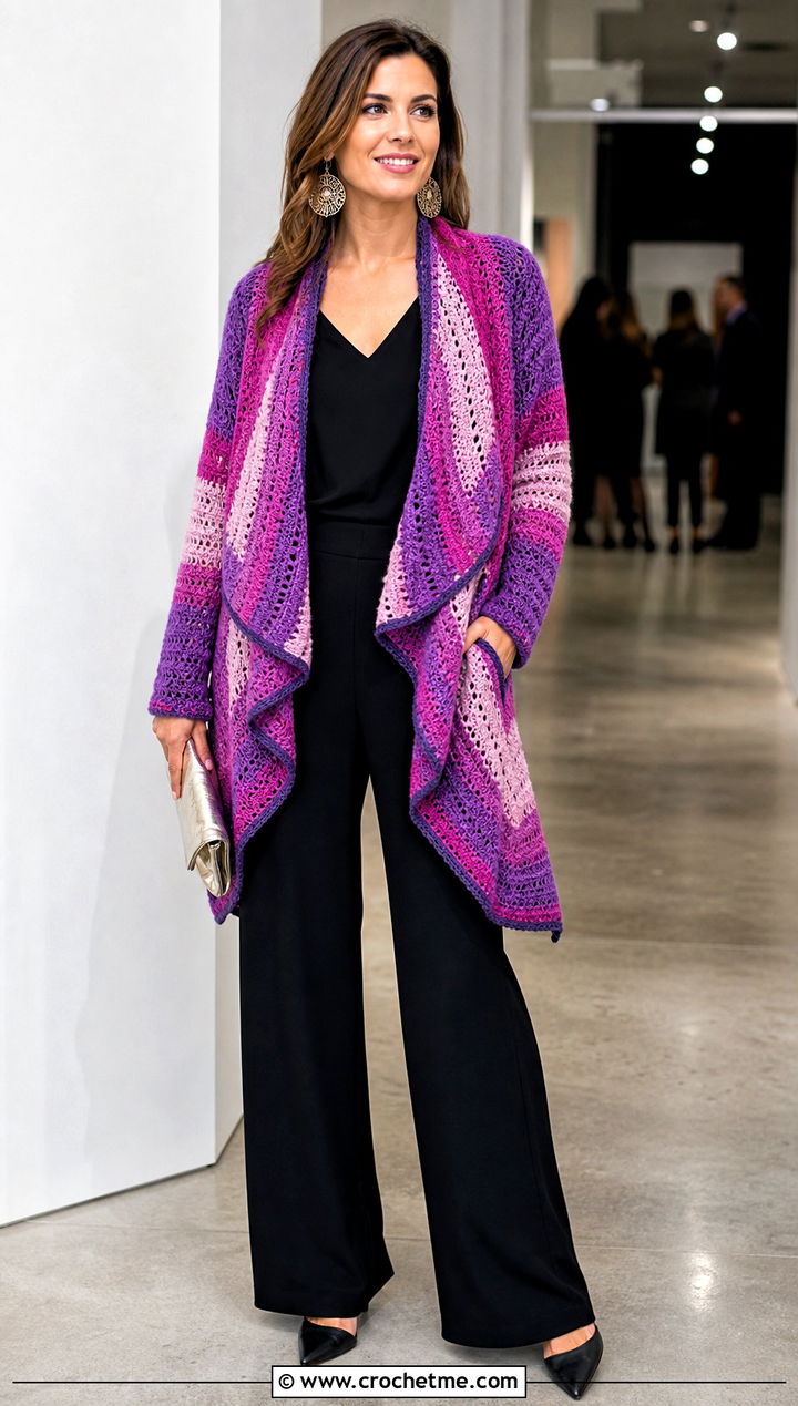 Waterfall Stripe Crochet Cardigan With Black Jumpsuit - 25 striped crochet cardigan outfit ideas