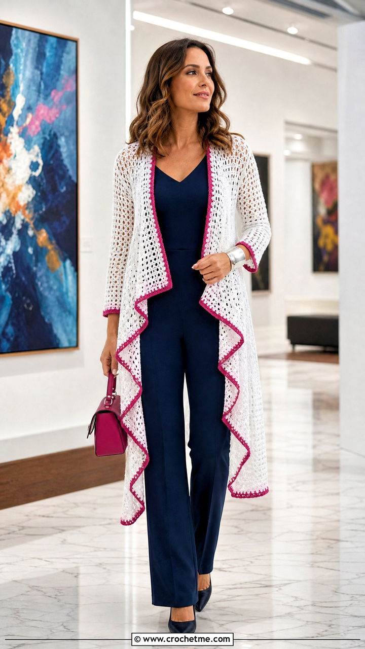 Waterfall White Crochet Cardigan With Jumpsuit - 35 White Crochet Cardigan Outfit ideas