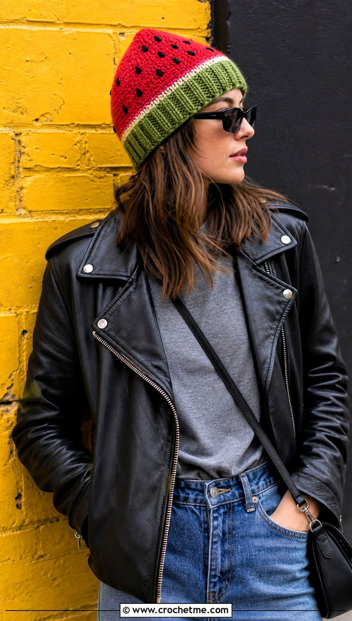 Watermelon Beanie With Leather Jacket And Jeans - 30 crochet watermelon hat outfit ideas