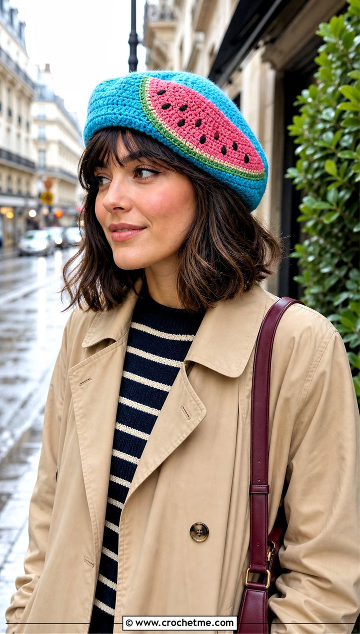 Watermelon Beret With Trench Coat - 30 crochet watermelon hat outfit ideas