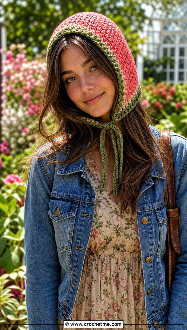 Watermelon Bonnet With Prairie Dress - 30 crochet watermelon hat outfit ideas