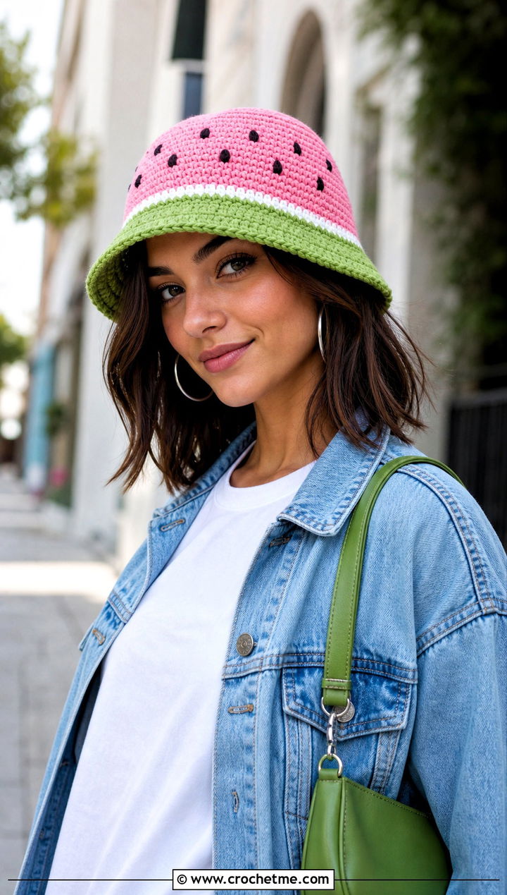 Watermelon Bucket Hat With White Tee And Jeans - 30 crochet watermelon hat outfit ideas
